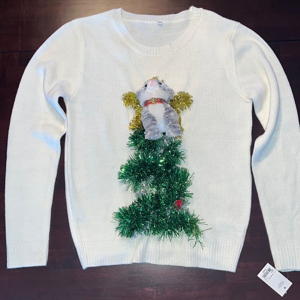 NWT Christmas Sweater with Fuzzy Cat and Bell